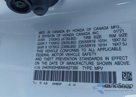 2021 Honda Cr-V Awd Touring z USA, uszkodzony, nr VIN 2HKRW2H90MH627360